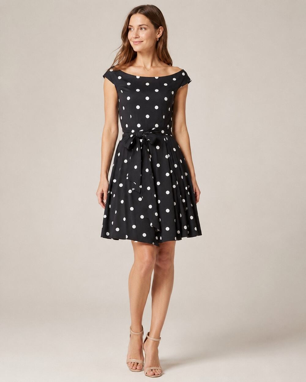 Lauren Ralph Lauren Polka Dot Fit Flare Dress Size 4 Off Shoulder Black White